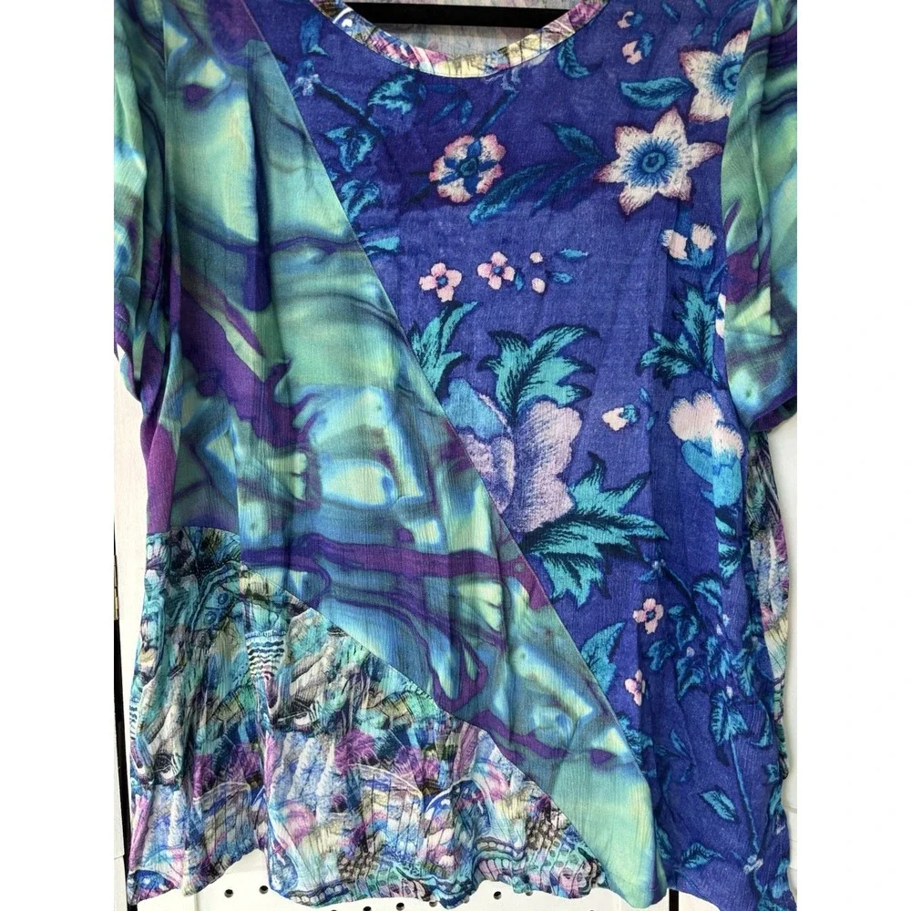 Soft Surroundings Short SLV Mixed Print Blue Purple Viscose Tee Shirt Blouse PL